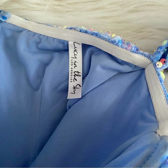 Lucy in the Sky Blue Sequins Velvet Off Shoulder Long Sleeve Bodycon Mini Dress - Picture 10 of 16